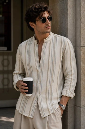 Brown Slim Fit Striped Casual Men Shirt - XKIND