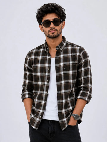 XKIND'S BROWN CHECKS REGULAR FIT CASUAL SHIRT