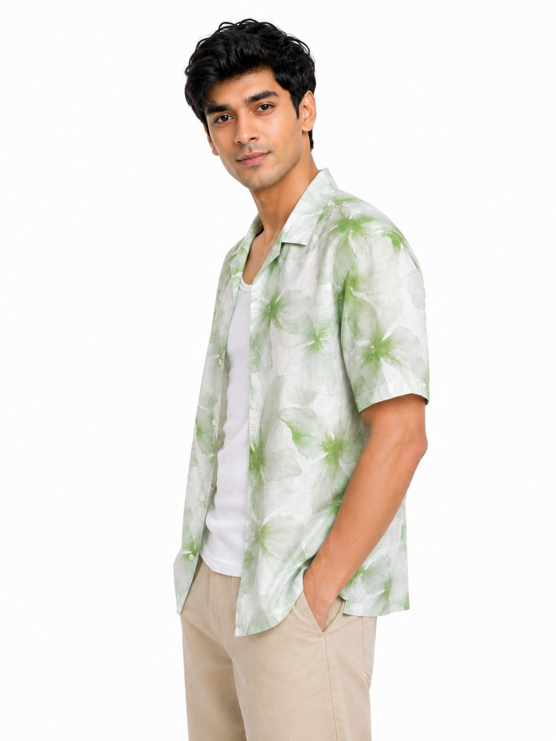 Green Printed Shirt Relaxed Fit Cuban Collar - XKIND