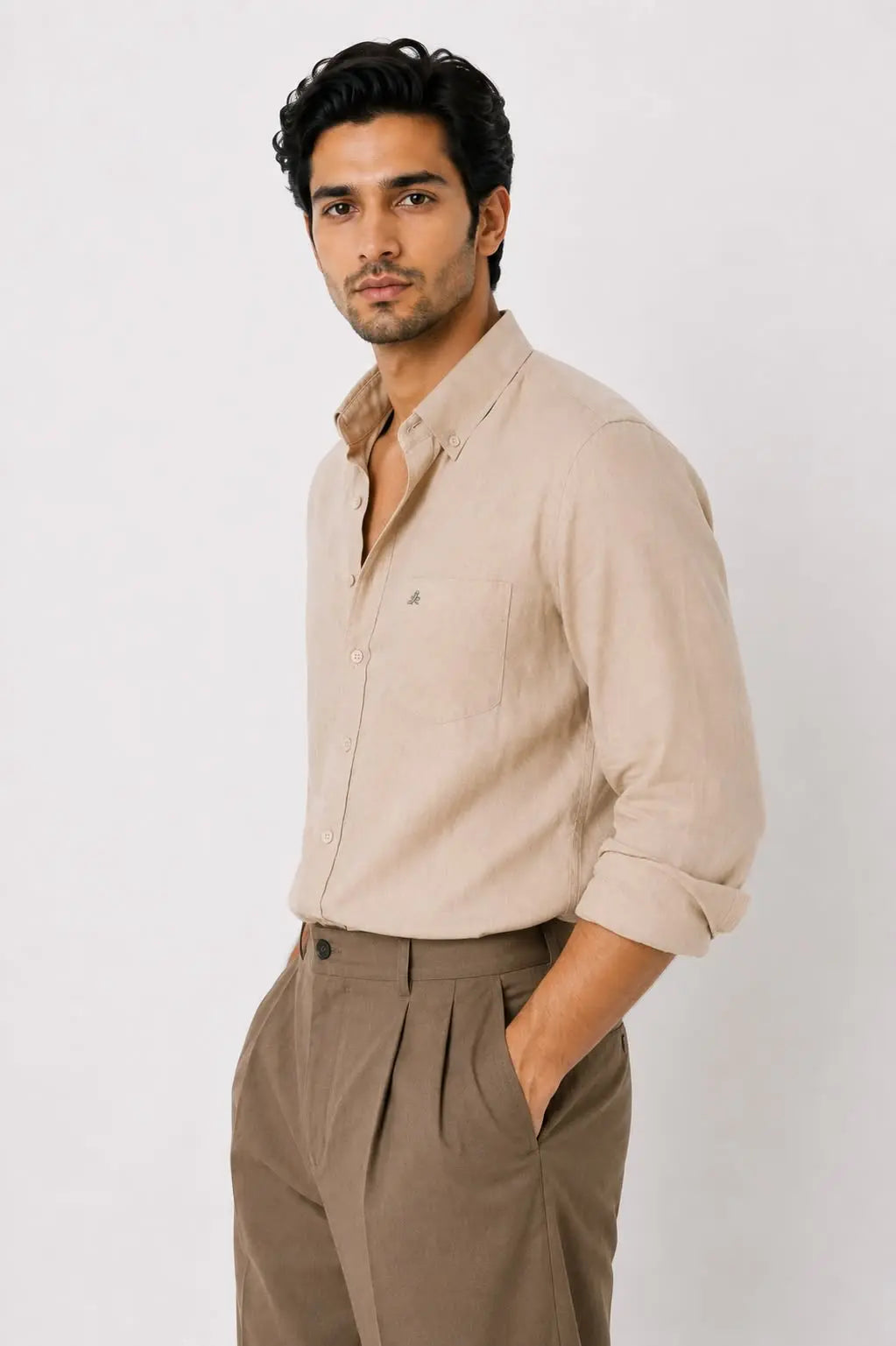 BEIGE 100% PURE LINEN BUTTON DOWN CASUAL SHIRT - XKIND'S