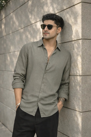 OLIVE LINEN BLEND SHIRT
