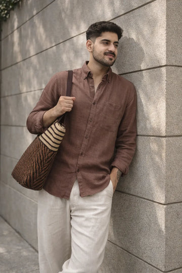 100%  PURE LINEN MOCHA MOUSE BUTTON DOWN CASUAL SHIRT