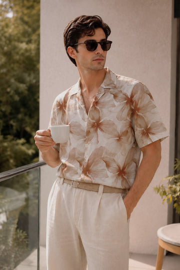 Brown Printed Shirt Relaxed Fit Cuban Collar - XKIND