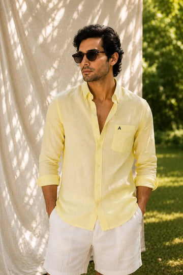 LIGHT YELLOW 100% PURE LINEN BUTTON DOWN CASUAL SHIRT - XKIND'S