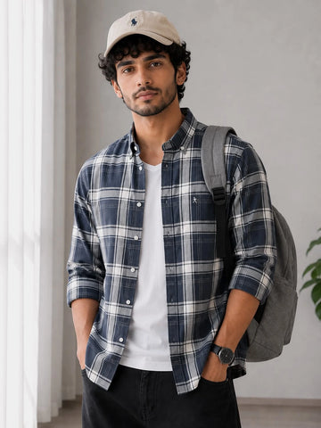 XKIND'S GREY CHECKS REGULAR FIT SHIRT