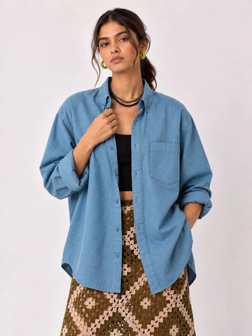 Blue 100% Pure Linen (60's Lea) Women Shirt- Xkind