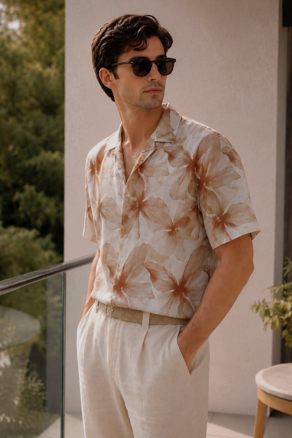 Brown Printed Shirt Relaxed Fit Cuban Collar - XKIND