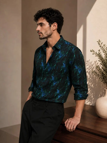 XKIND'S TEAL PRINTED SLIM FIT SHIRT