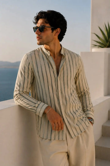 Green Slim Fit Striped Casual Men Shirt - XKIND