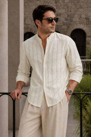 Beige Slim Fit Striped Casual Men Shirt - XKIND