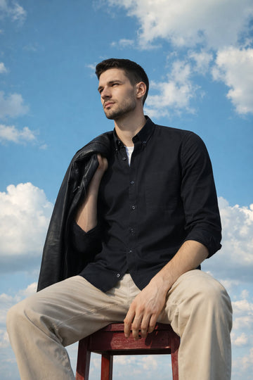 BLACK TWILL LYCRA SLIM FIT CASUAL SHIRT