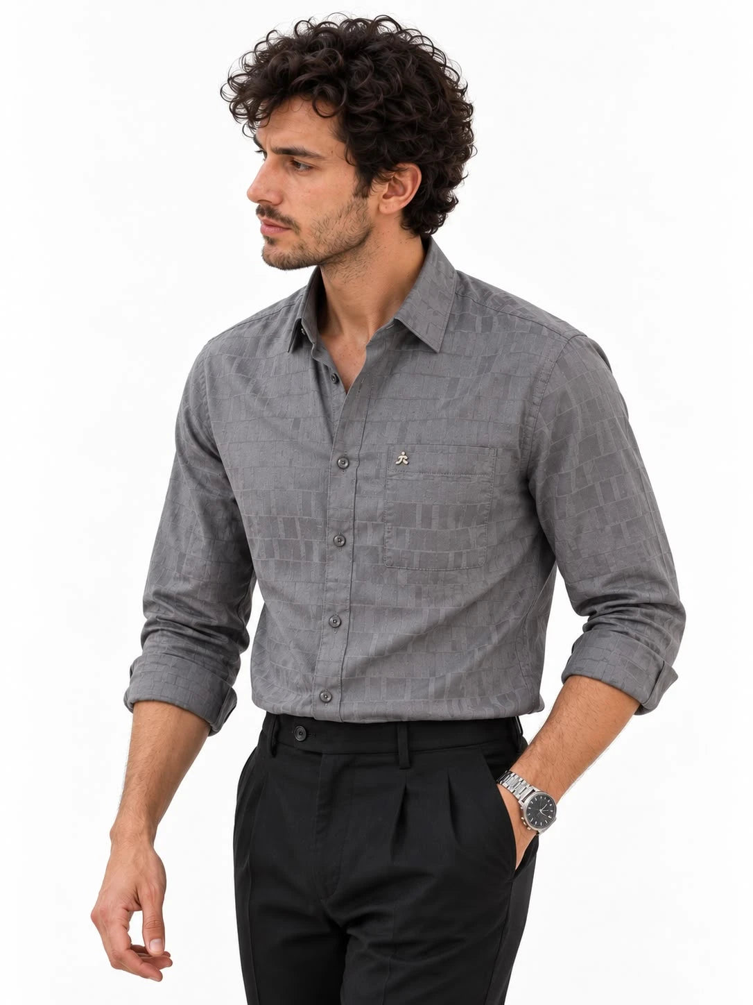 Dobby Brown Jacquard Slim Fit Formal  Shirt