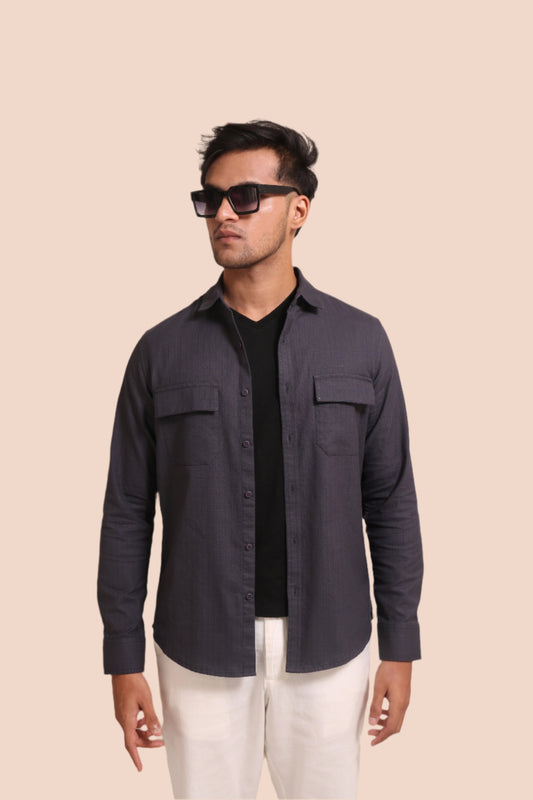 DARK GREY TEXTURED REGULAR FIT SHIRT/ OVERSHIRT - XKIND