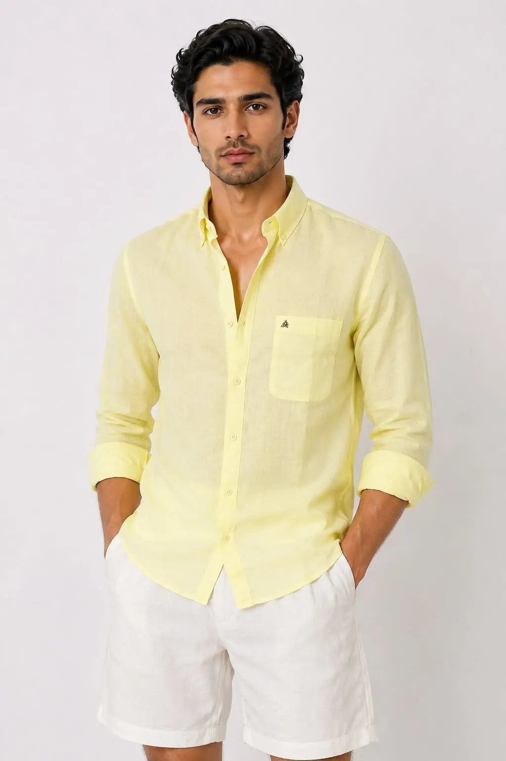 LIGHT YELLOW 100% PURE LINEN BUTTON DOWN CASUAL SHIRT - XKIND'S