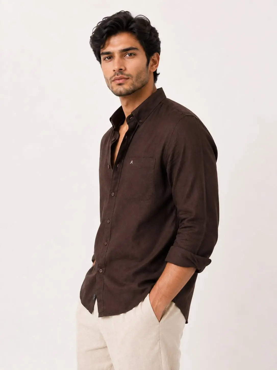 DARK BROWN 100% PURE LINEN BUTTON DOWN CASUAL SHIRT - XKIND'S