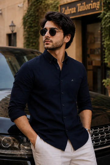 NAVY TWILL LYCRA SLIM FIT CASUAL SHIRT