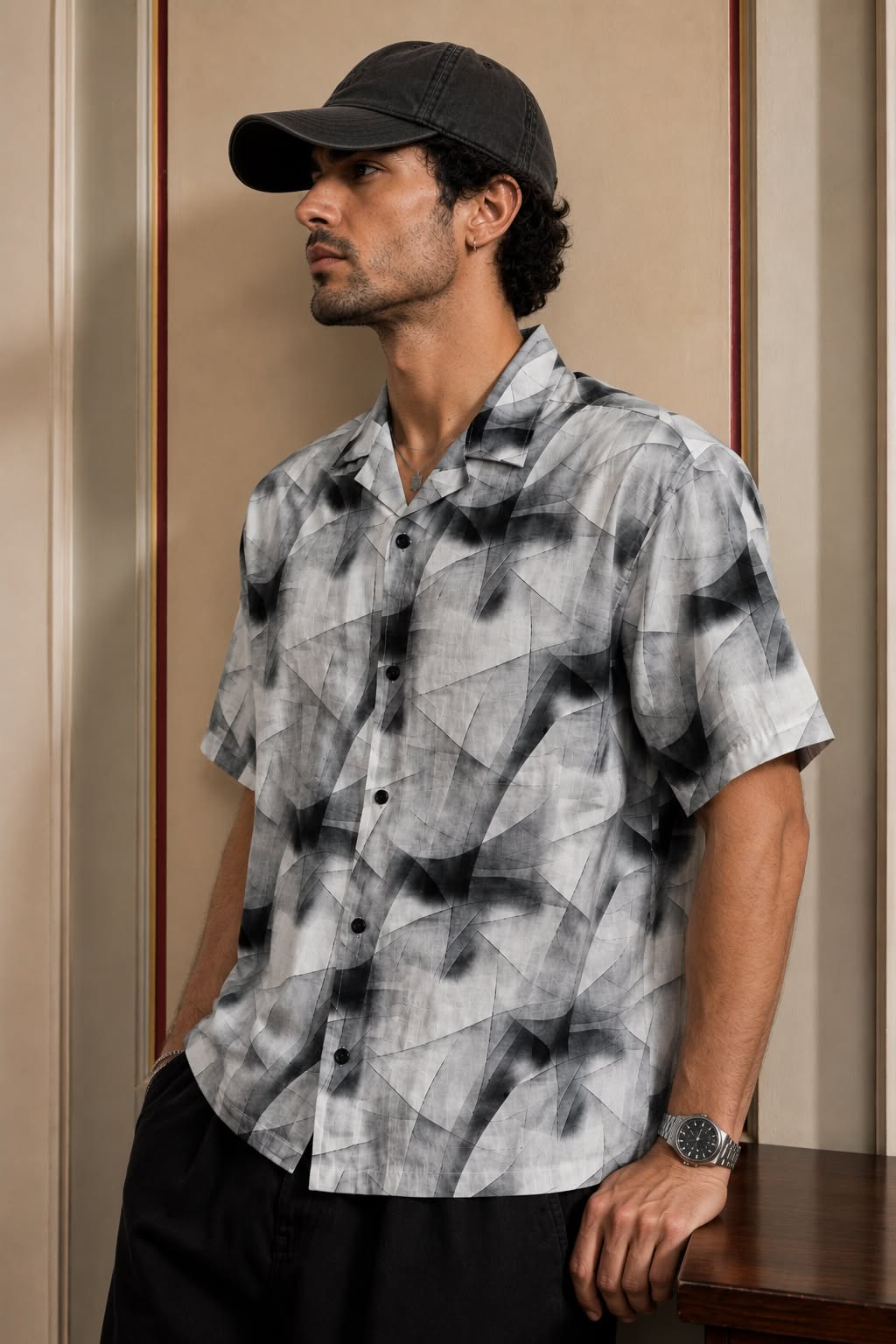 White Printed Shirt Relaxed Fit Cuban Collar - XKIND
