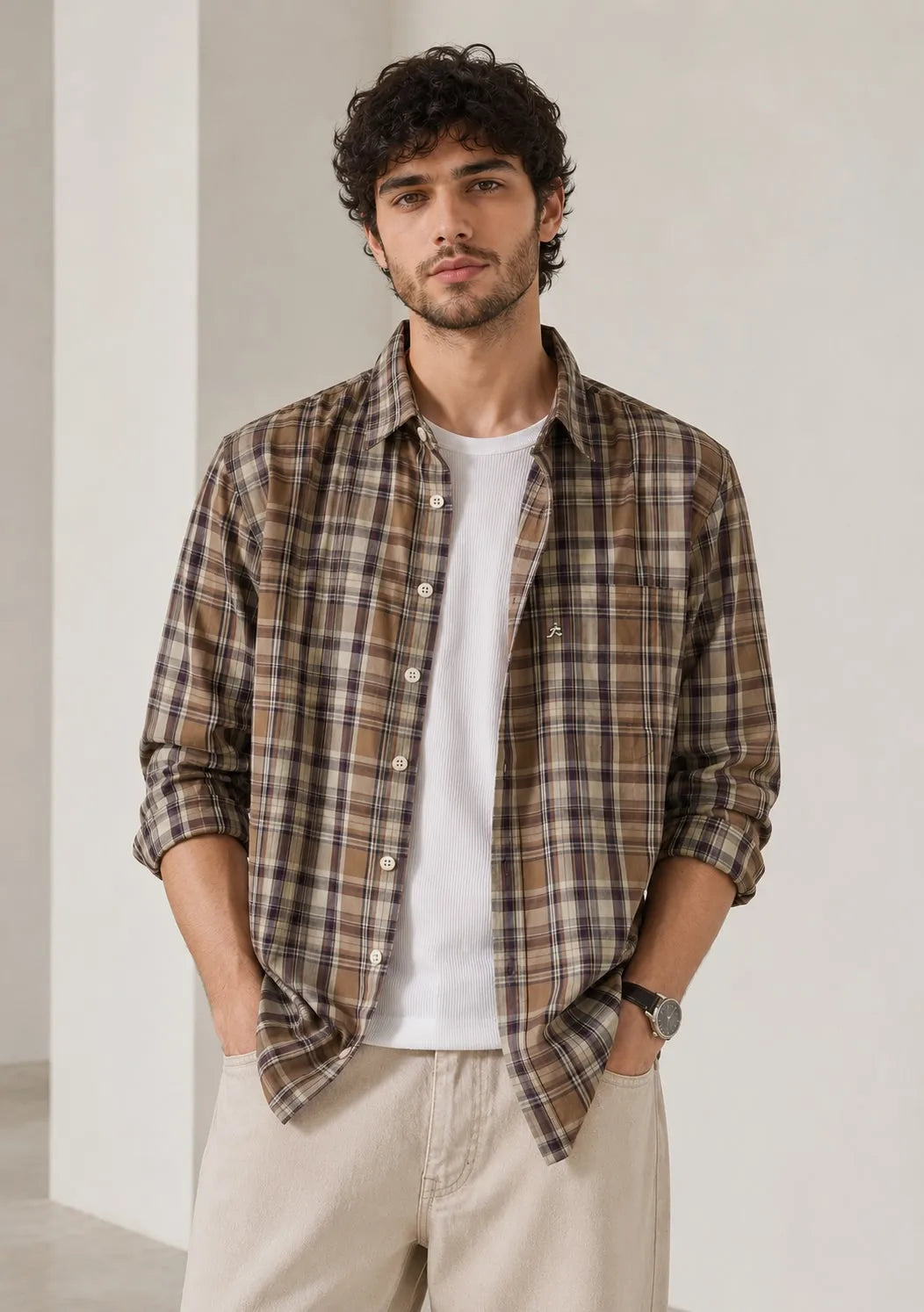 XKIND'S SLIM FIT BROWN CHECKED CASUAL SHIRT