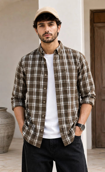 XKIND'S BROWN CHECKS REGULAR FIT SHIRT
