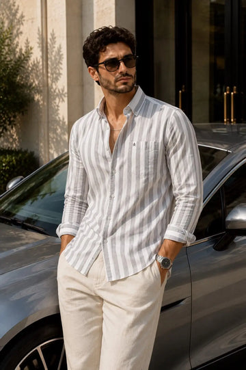 Grey Regular Fit Striped Casual Shirt - XKIND