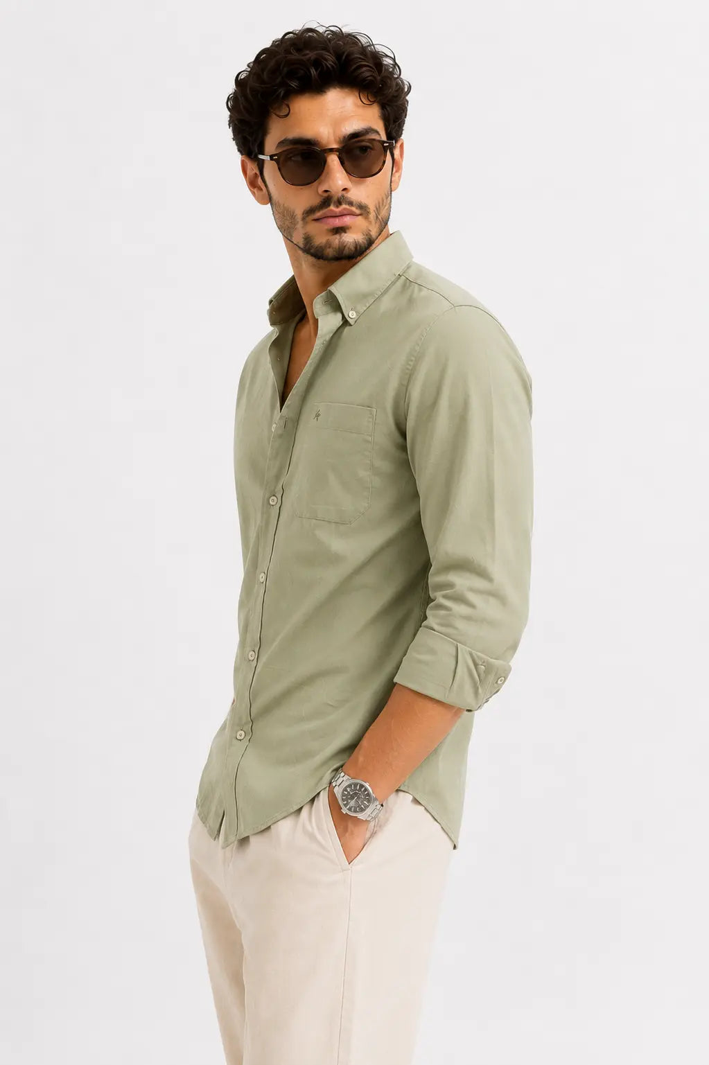 LIGHT OLIVE TWILL LYCRA SLIM FIT CASUAL SHIRT