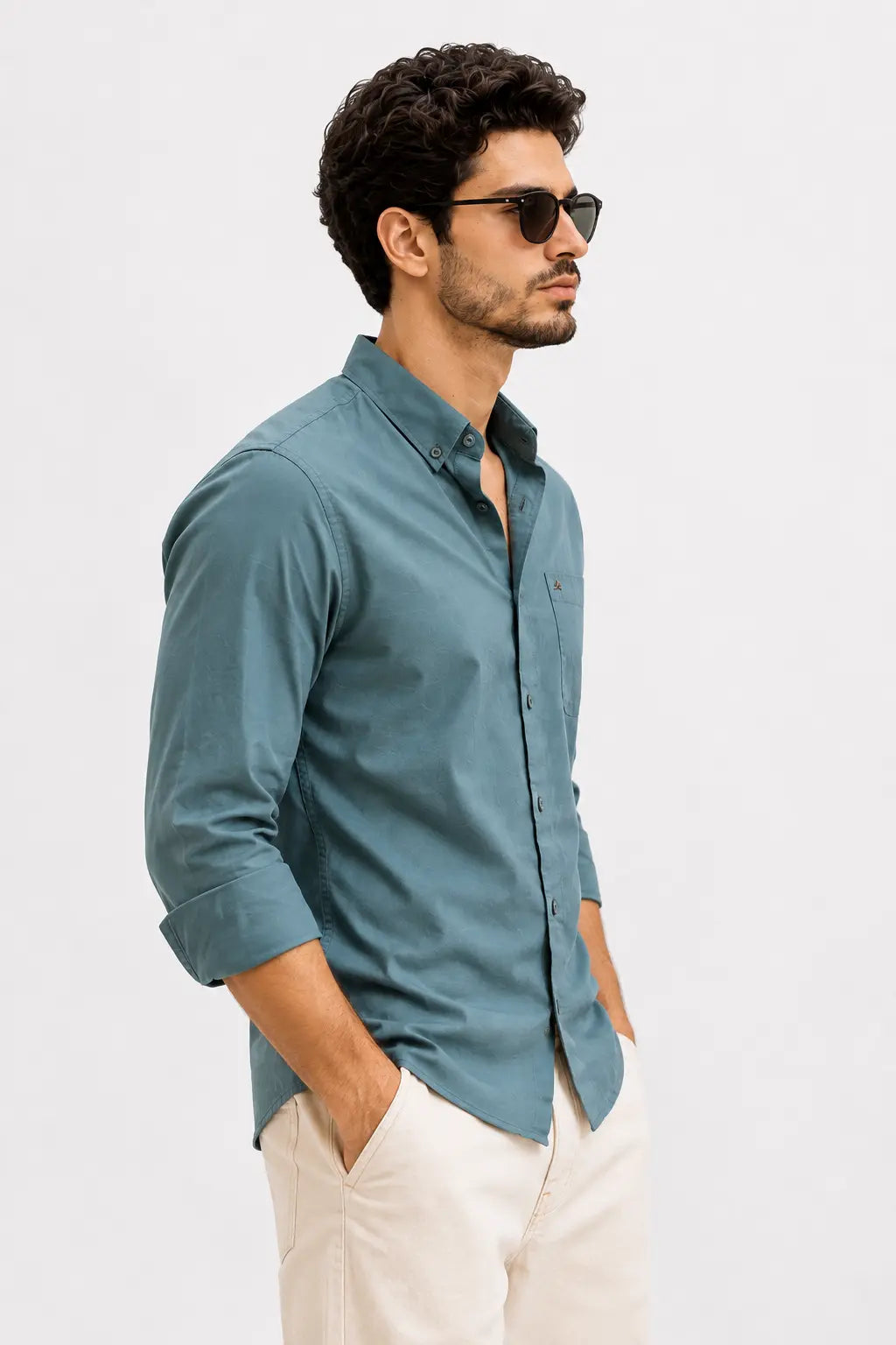TEAL TWILL LYCRA SLIM FIT CASUAL SHIRT