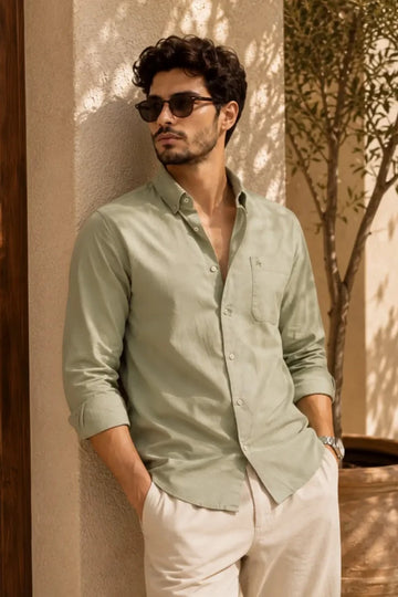 LIGHT OLIVE TWILL LYCRA SLIM FIT CASUAL SHIRT