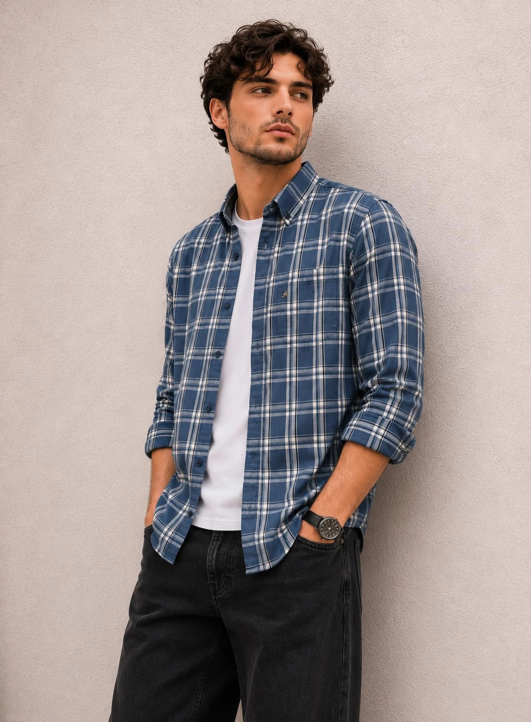XKIND'S NAVY CHECKS SHIRT REGULAR FIT