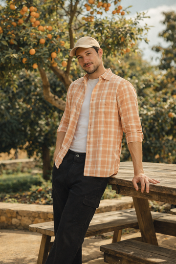 LIGHT ORANGE  CROPPED FIT CHECK SHIRT