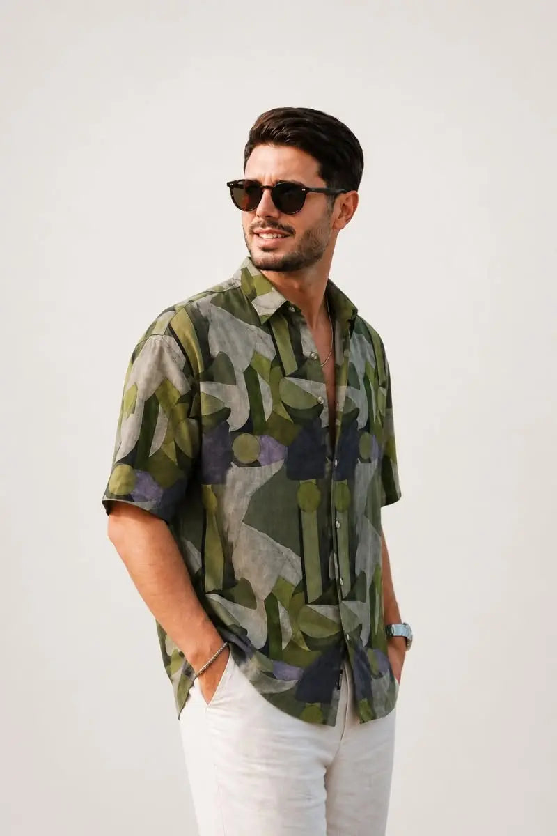 Men Printed Green Shirt Relaxed Fit 100% Cotton - XKIND