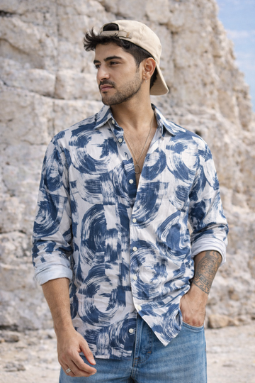 DARK GREY PRINTED REGULAR FIT TENCEL SHIRT