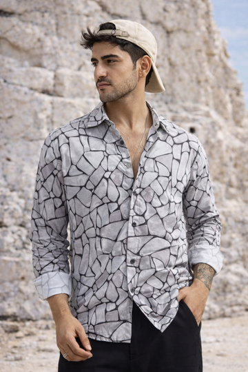 LIGHT GREY PRINTED REGULAR FIT TENCEL SHIRT
