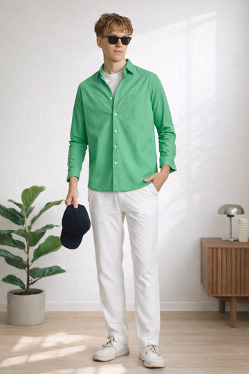 GREEN POPLIN REGULAR FIT SHIRT