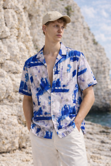 BLUE PRINTED RELAXED FIT COTTON SHIRT