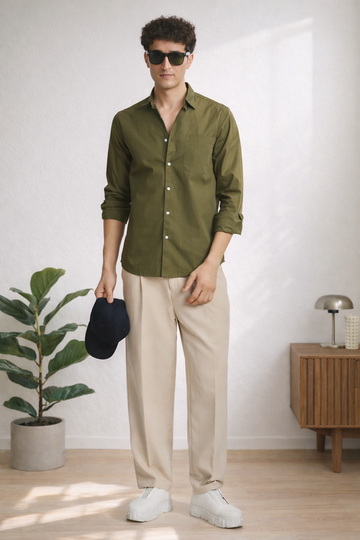 OLIVE POPLIN REGULAR FIT SHIRT