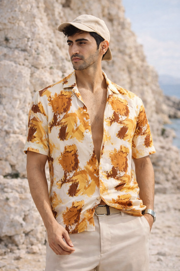 YELLOW PRINTED RELAXED FIT COTTON SHIRT