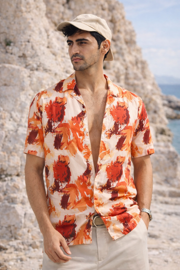 ORANGE PRINTED RELAXED FIT COTTON SHIRT
