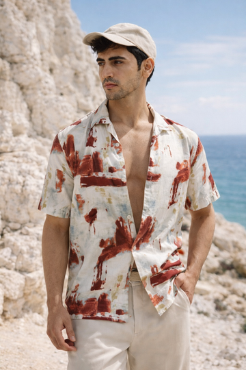 MAROON PRINTED RELAXED FIT COTTON SHIRT