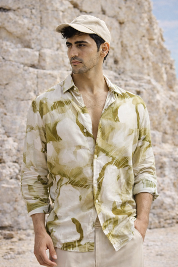 DARK GREEN PRINTED REGULAR FIT VISCOSE SHIRT