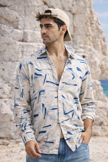 BEIGE PRINTED REGULAR FIT TENCEL SHIRT