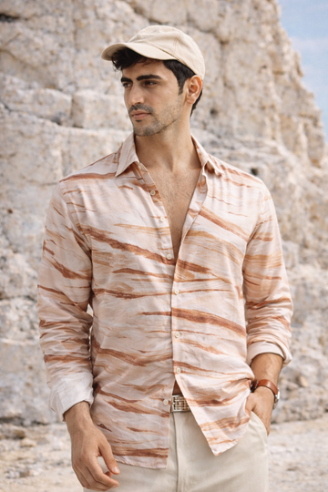 CREAM PRINTED REGULAR FIT TENCEL SHIRT