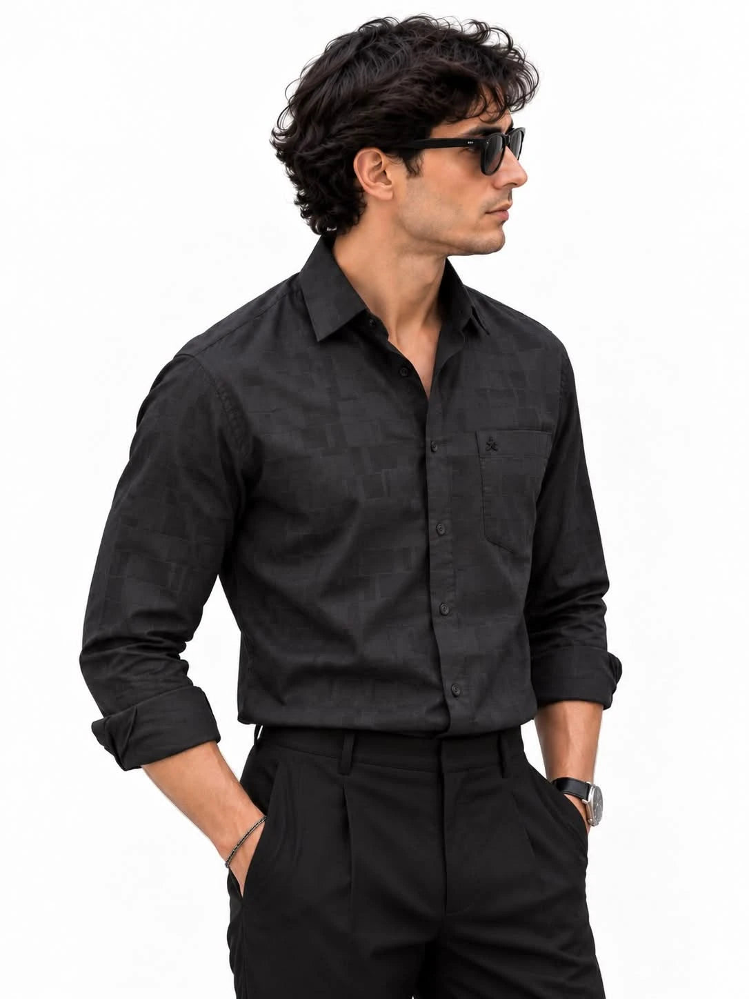 Dobby Black Jacquard Slim Fit Formal  Shirt
