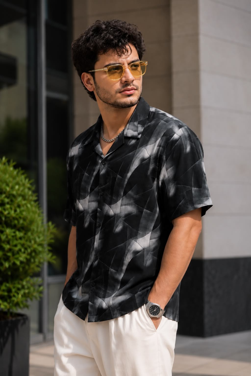 Black Printed Shirt Relaxed Fit Cuban Collar - XKIND