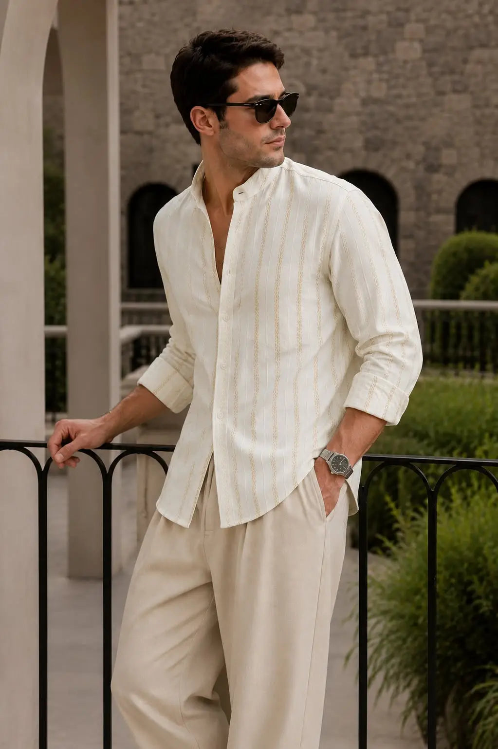 Beige Slim Fit Striped Casual Men Shirt - XKIND