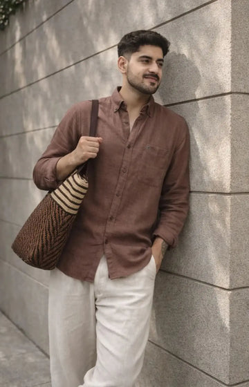 100% PURE LINEN MOCHA BROWN BUTTON DOWN CASUAL SHIRT