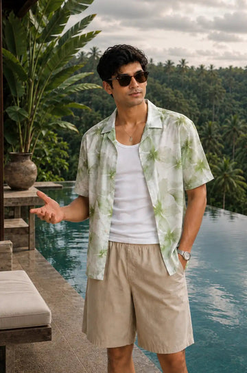 Green Printed Shirt Relaxed Fit Cuban Collar - XKIND