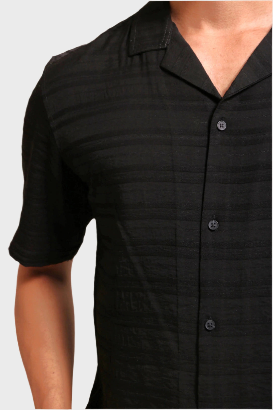 BLACK HORIZONTAL PLEATED STRIPES RELAXED FIT SHIRT