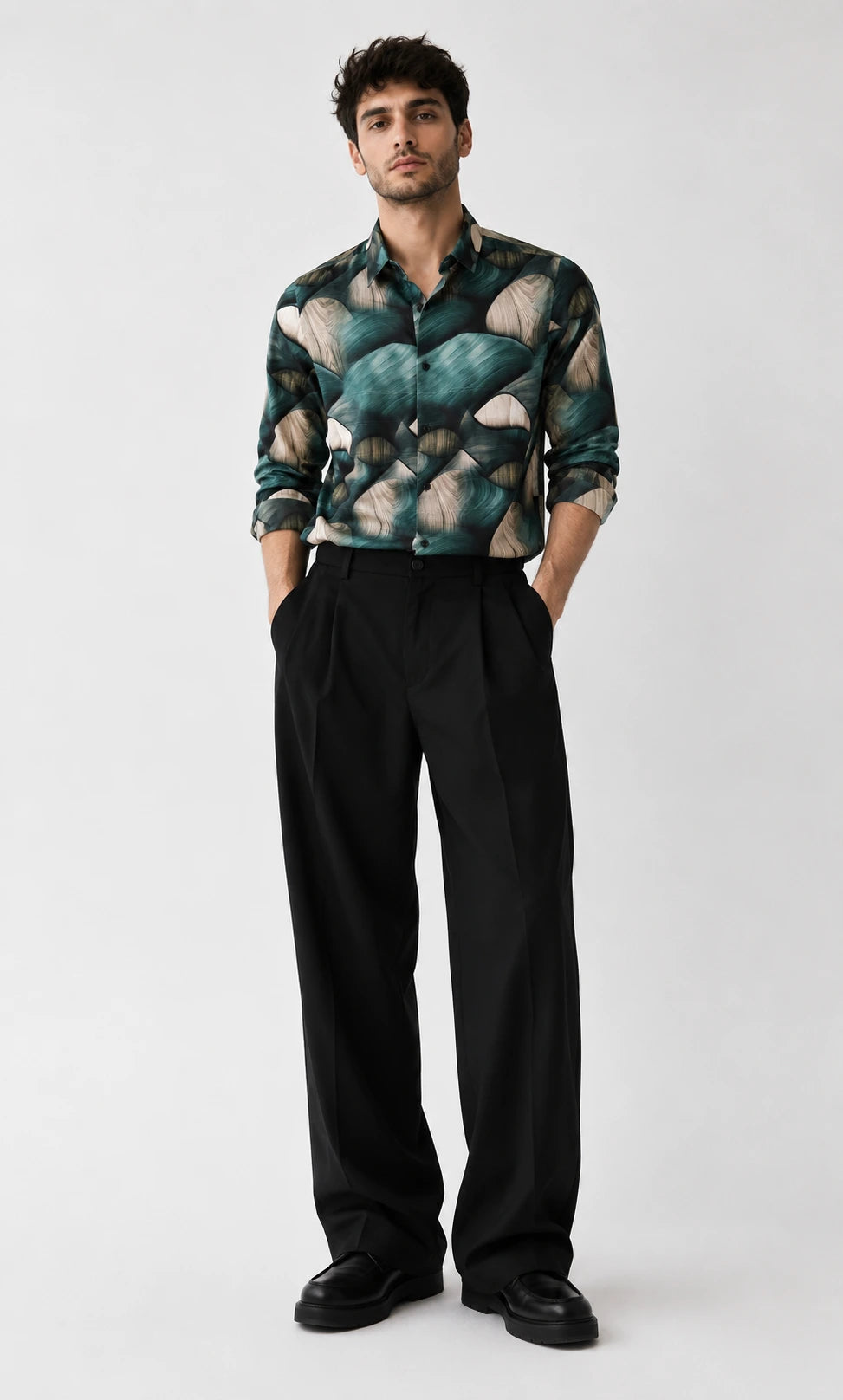 XKIND'S SLIM FIT TEAL PRINTED SHIRT