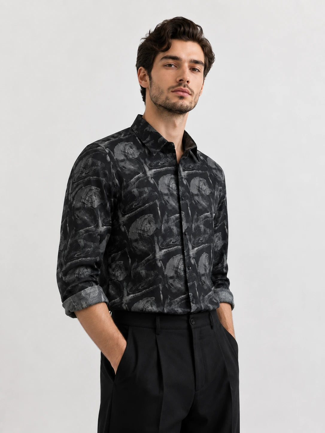 XKIND'S SLIM FIT BLACK PRINTED SHIRT