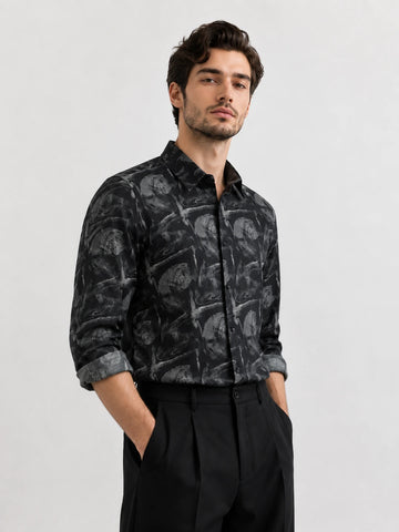 XKIND'S SLIM FIT BLACK PRINTED SHIRT